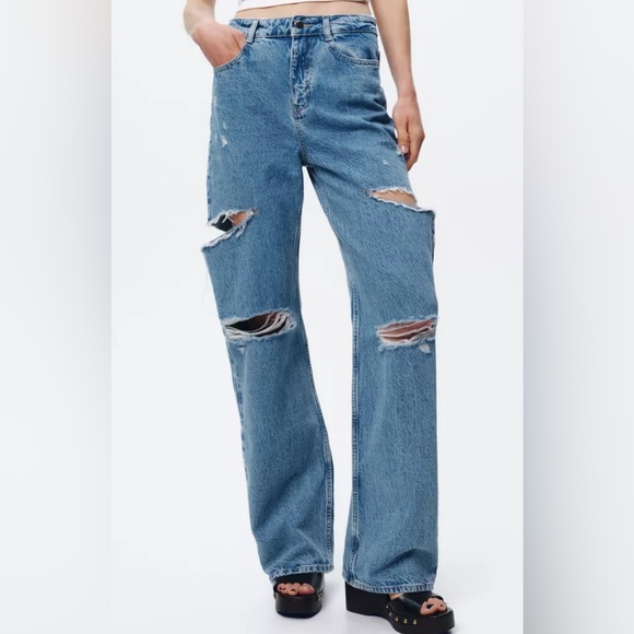 Zara Denim - Zara distressed high waisted straight leg denim jeans
